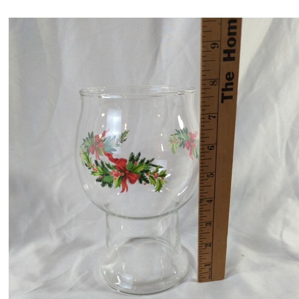 Pfaltzgraff Christmas Heritage Glass Floating Candle Holder Holly Ribbon